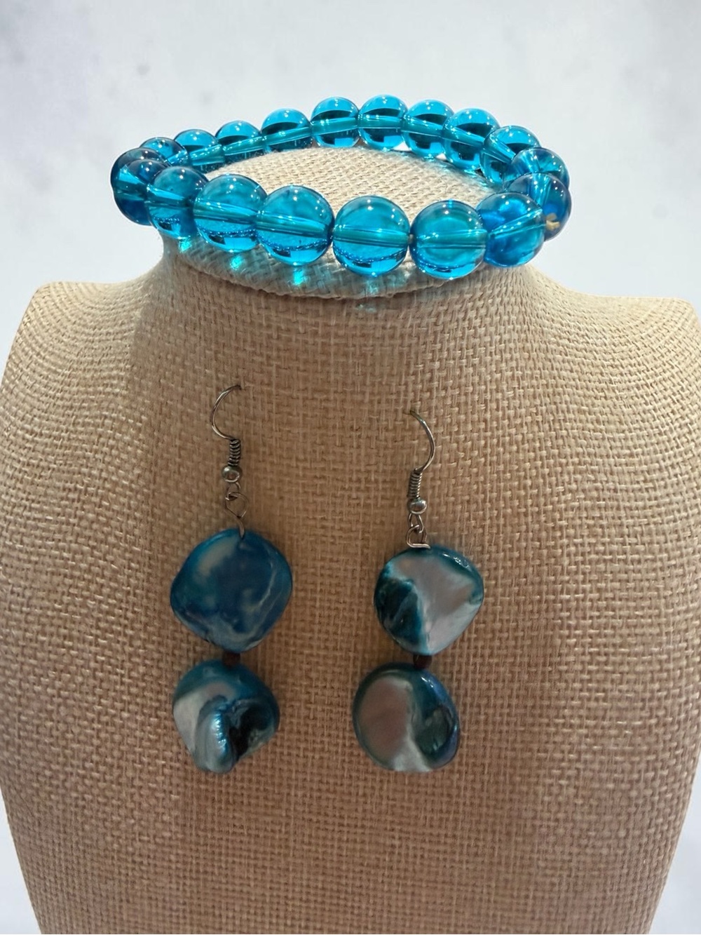 Blue Glass Bead Bracelet and Shell Drop Earrings Set